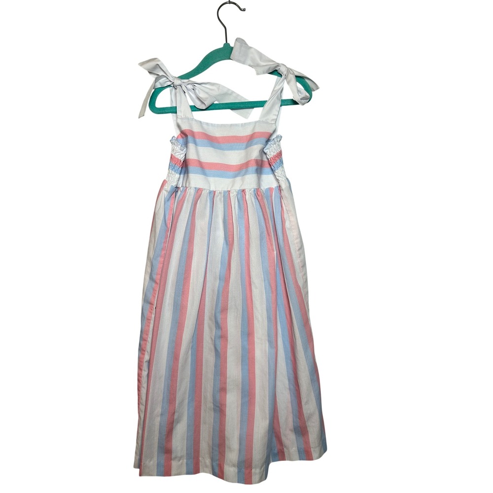 The Beaufort Bonnet Company Girls Pink Blue Striped Smocked Tie Strap Dress 5